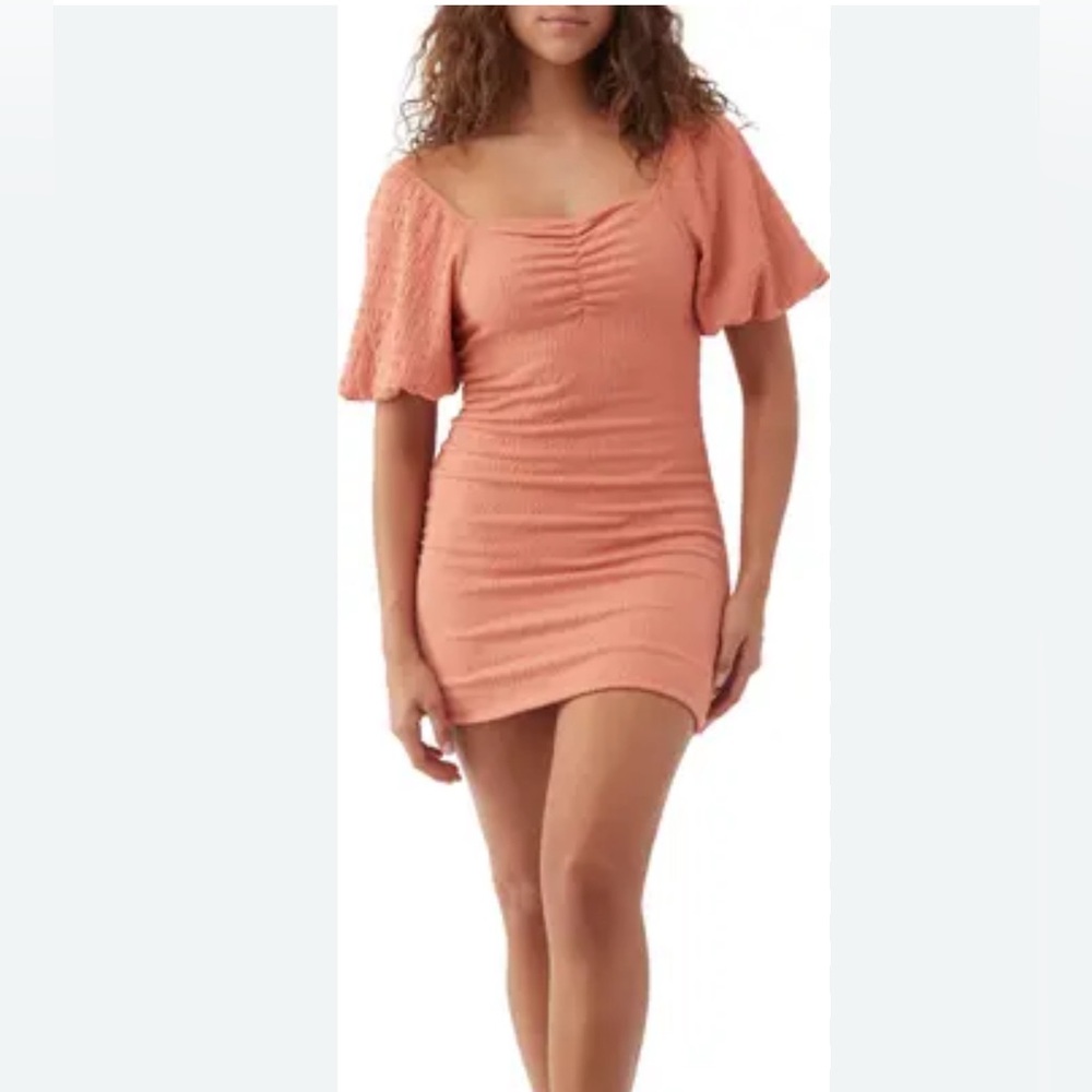 O'NEILL Teagan Smocked Mini Dress Puff Sleeve Sweetheart Neck Stretchy BodyCon S - Picture 4 of 17